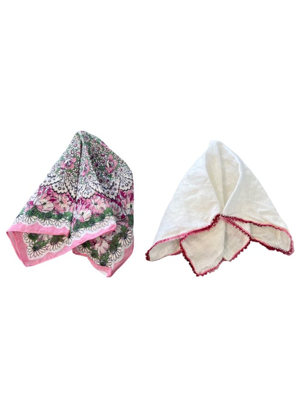 Vintage Handkerchief Scarf Lot of 2 Floral Pink Crochet Lace Trim Bohemian Retro